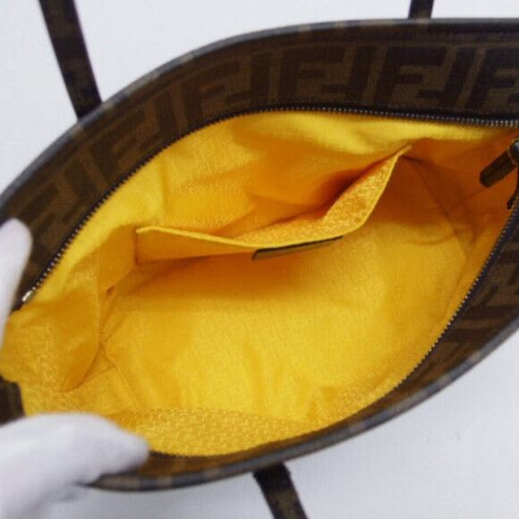 Authentic FENDI Zucca Brown Yellow Flower Pulling Zucca Tote Bag Zip Closure - Picture 12 of 14